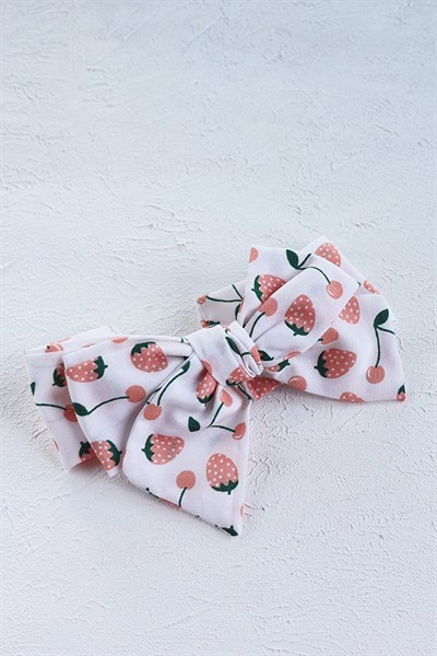 Somon Renkli Çilek ve Kiraz Motifli Bebek Fiyonk Bandana