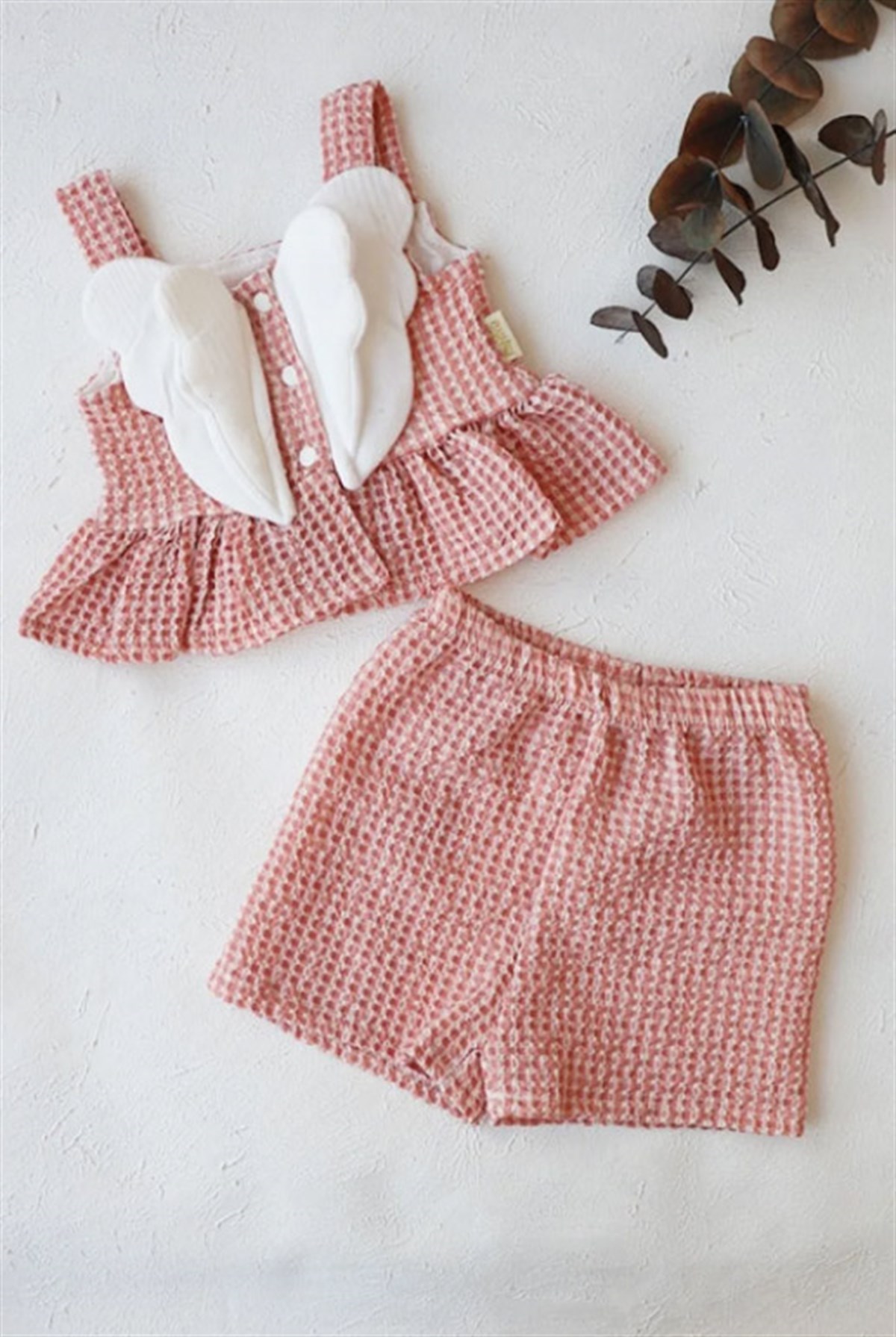 Somon Renkli Melek Kanatlı Potikareli Bebek Crop Takım
