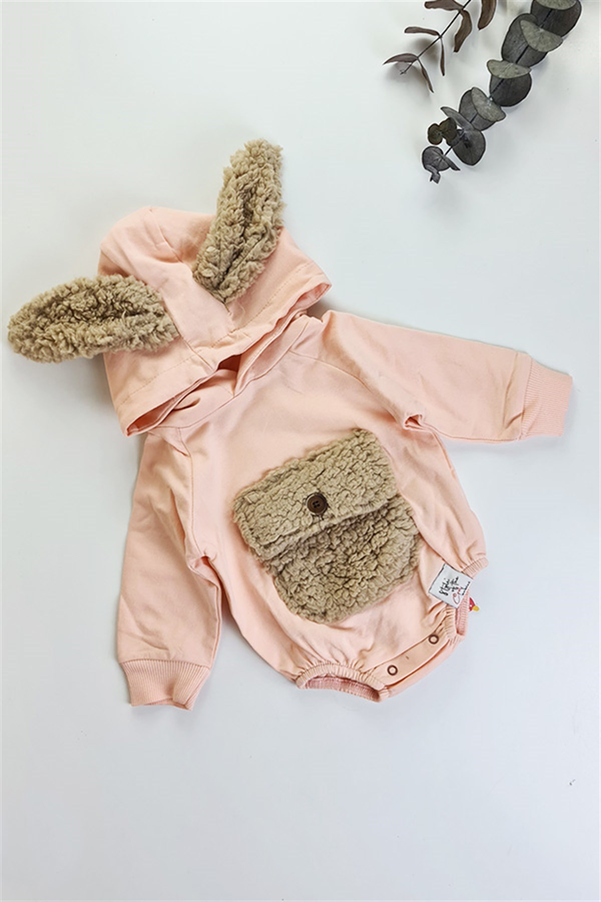Somon Renkli, Peluş Kulaklı ve Kapüşonlu Unisex Bebek Mevsimlik Romper