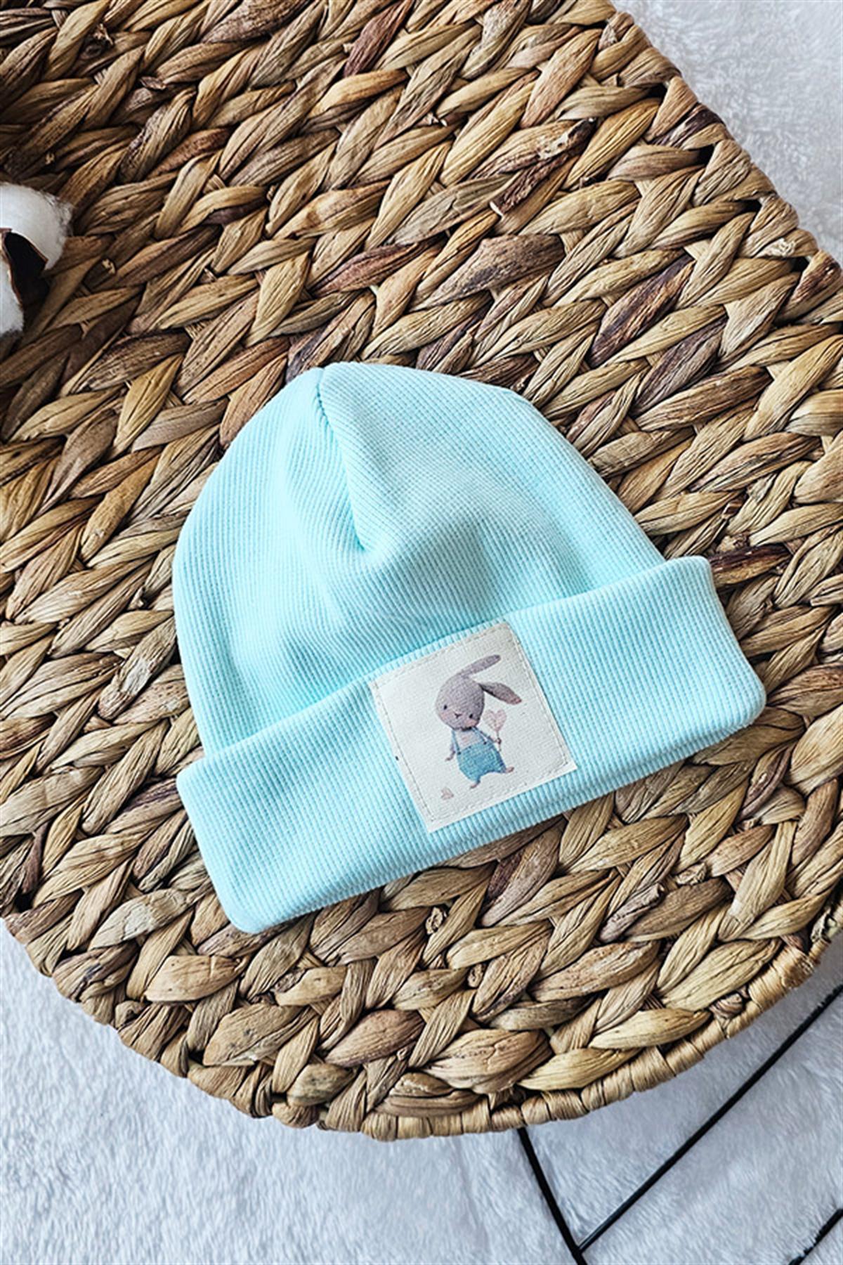 Su Yeşili Renkli, %100 Pamuklu Bebek Ribana Bere