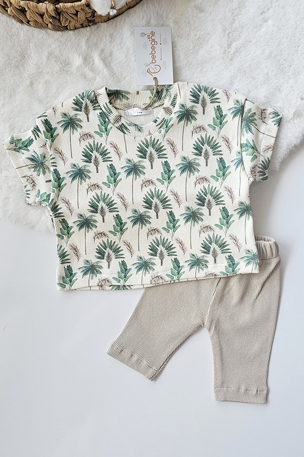 Uniseks Palmiye Desenli Ribana Alt Üst Takım