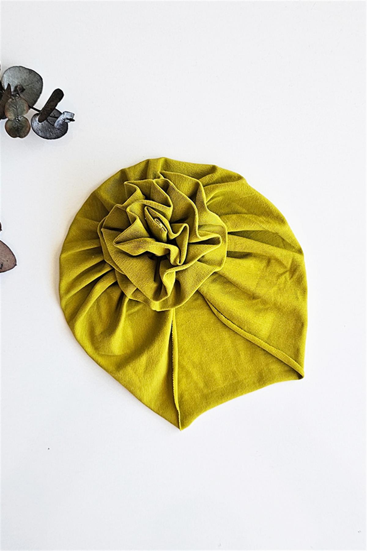 Yağ Yeşili Renkli Tek Kat Bebek Çiçek Bone