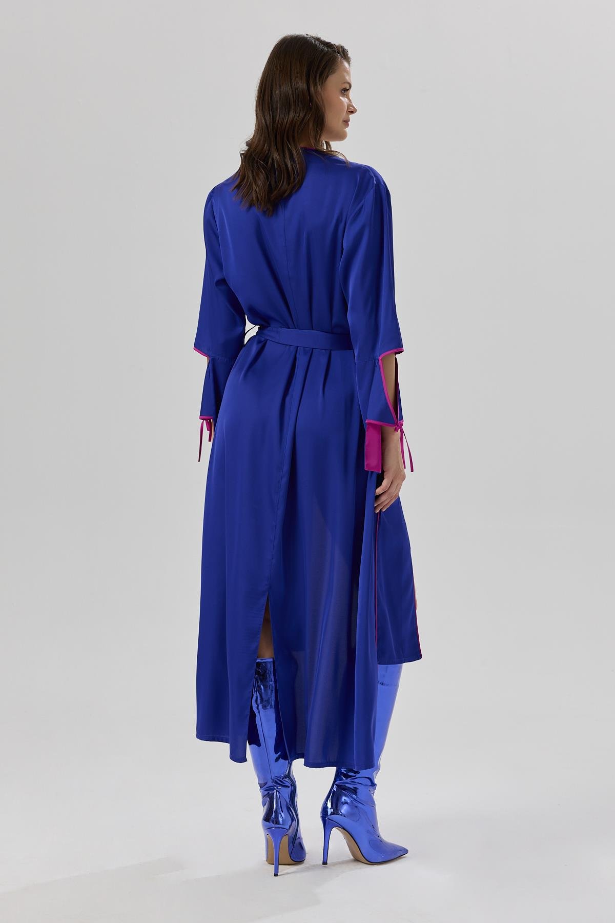 Addria Saks Mavisi Uzun Saten Sabahlık / Kimono