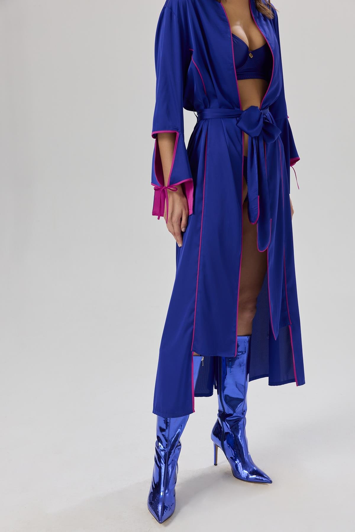 Addria Saks Mavisi Uzun Saten Sabahlık / Kimono