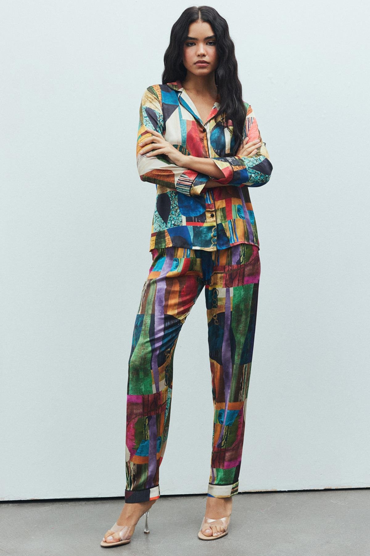 Amour Coloré Desenli Uzun Saten Pijama Takımı