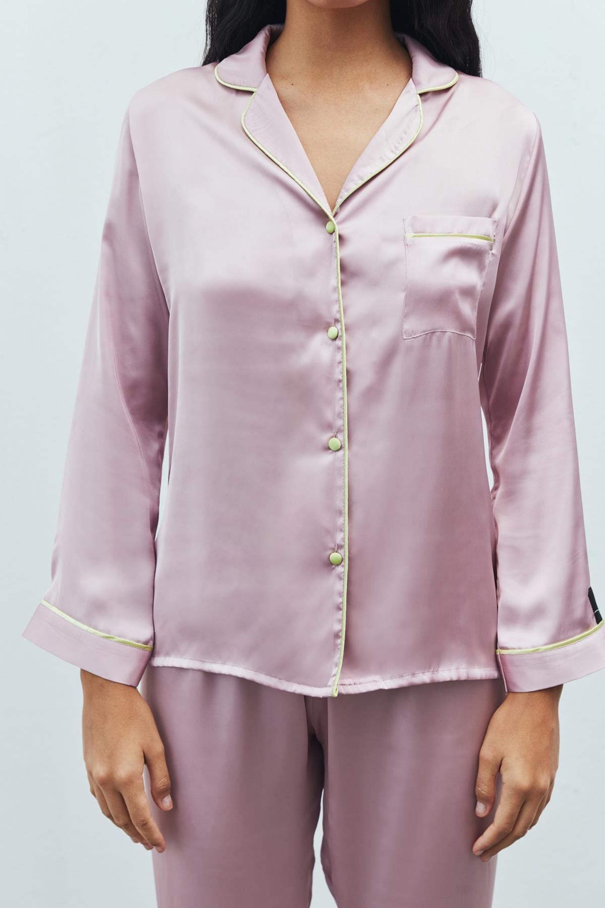 Amour Gül Kurusu Uzun Saten Pijama Takımı