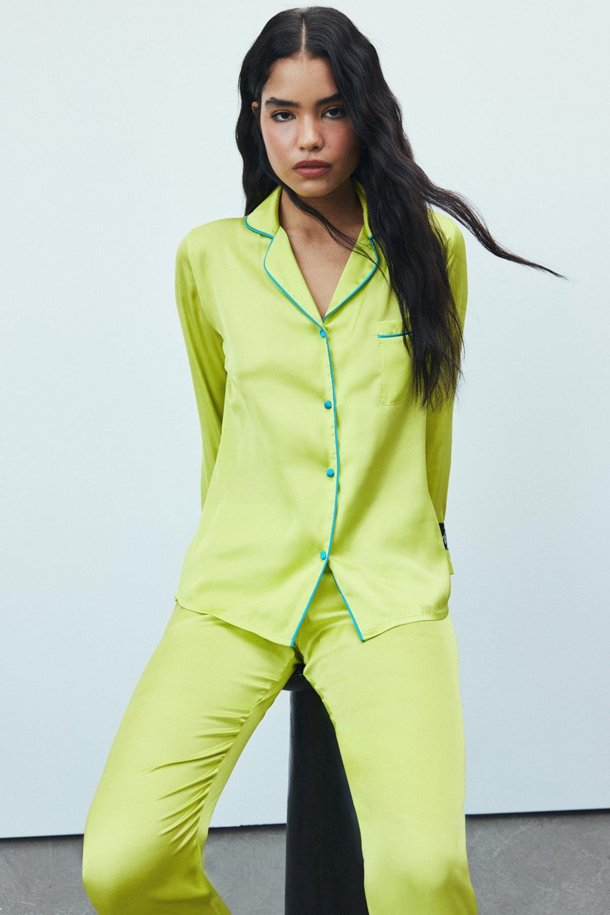Amour Satin Lime Long Pajama Set