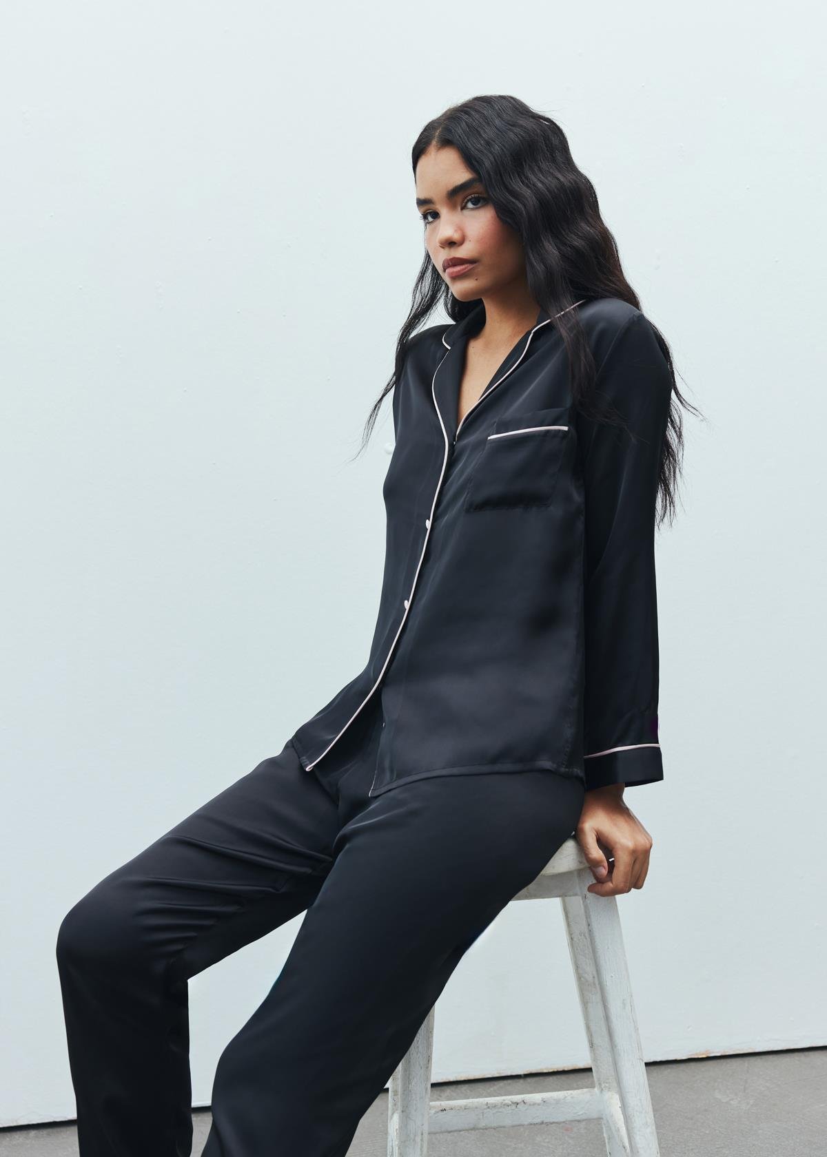 Amour Satin Black Long Pajama Set