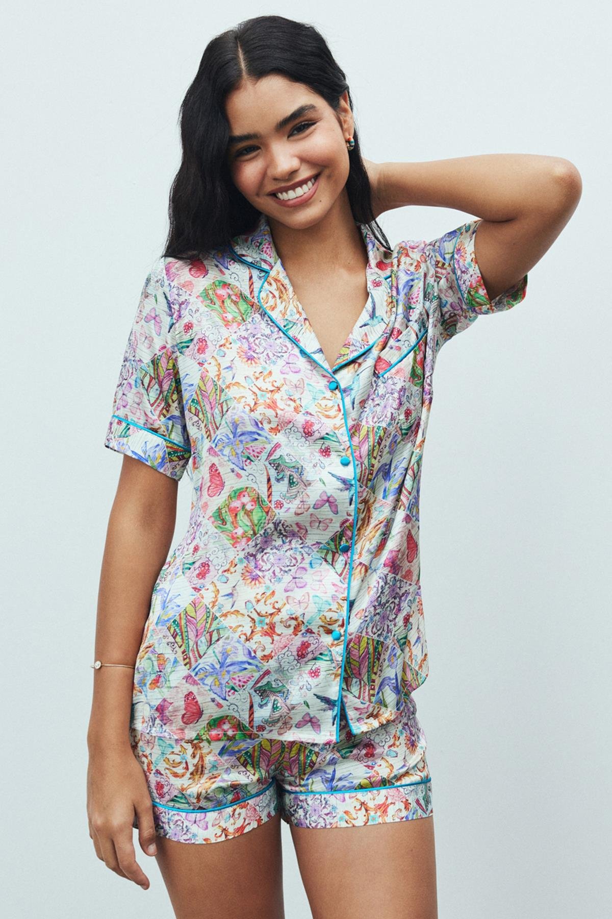 Amoureux Satin Petit Patterned Short Pajama Set