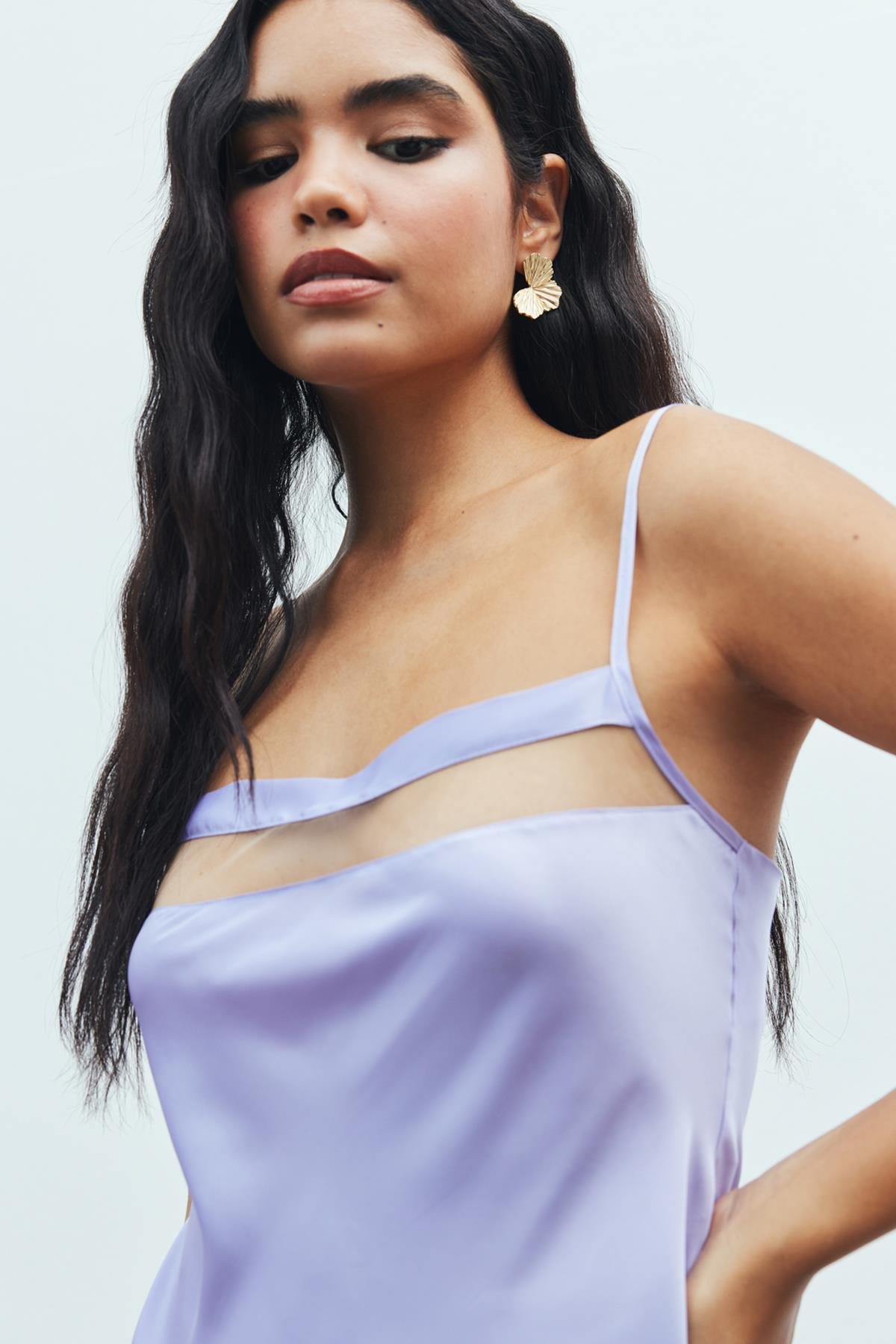 Aveugle Tül Detaylı Lila Askılı Kısa Saten Gecelik