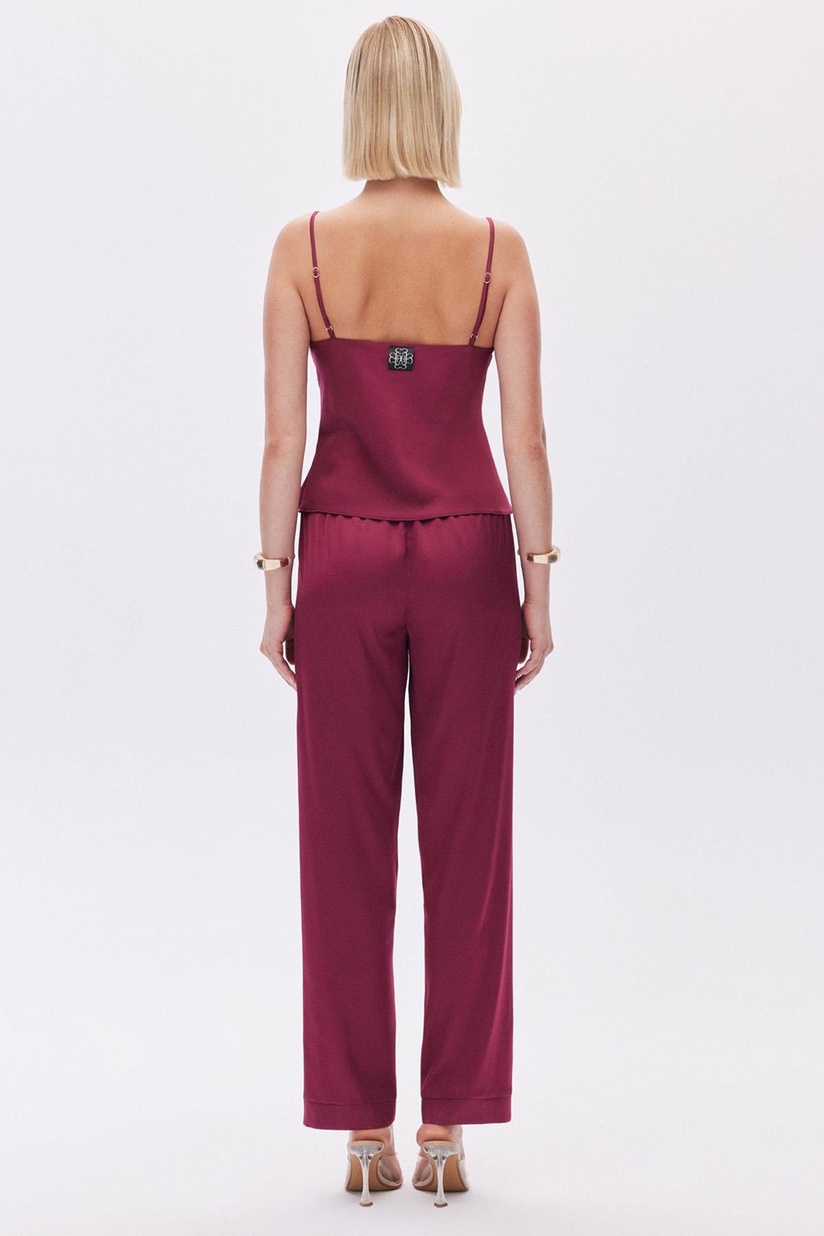 Brûleur Saten Bordo Degaje Yaka Askılı Uzun Pijama Takımı