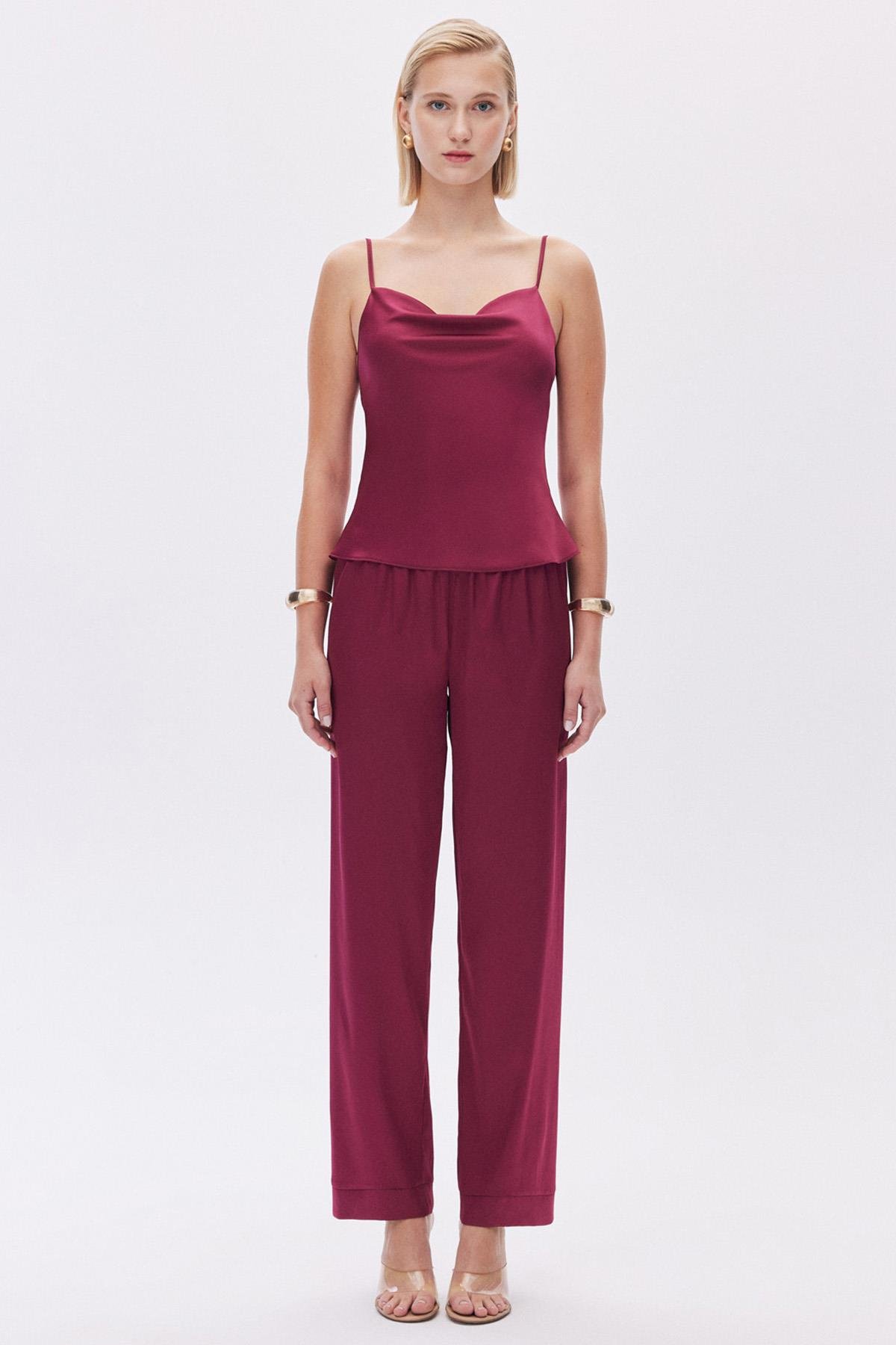 Brûleur Saten Bordo Degaje Yaka Askılı Uzun Pijama Takımı