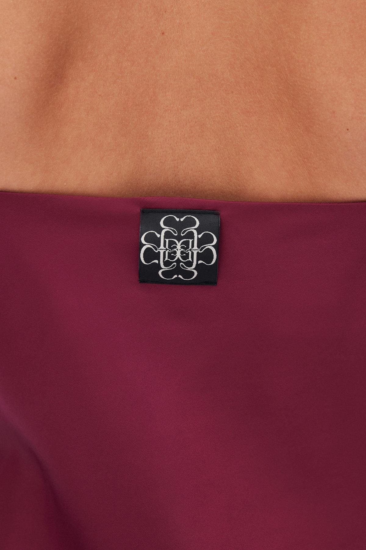 Brûleur Saten Bordo Degaje Yaka Askılı Uzun Pijama Takımı