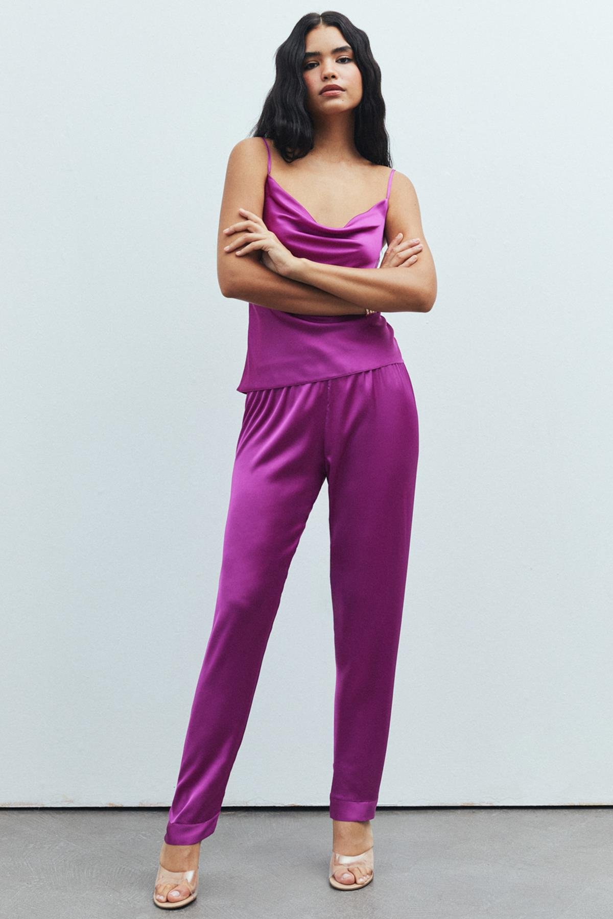 Brûleur Fuşya Degaje Yaka Askılı Uzun Saten Pijama Takımı