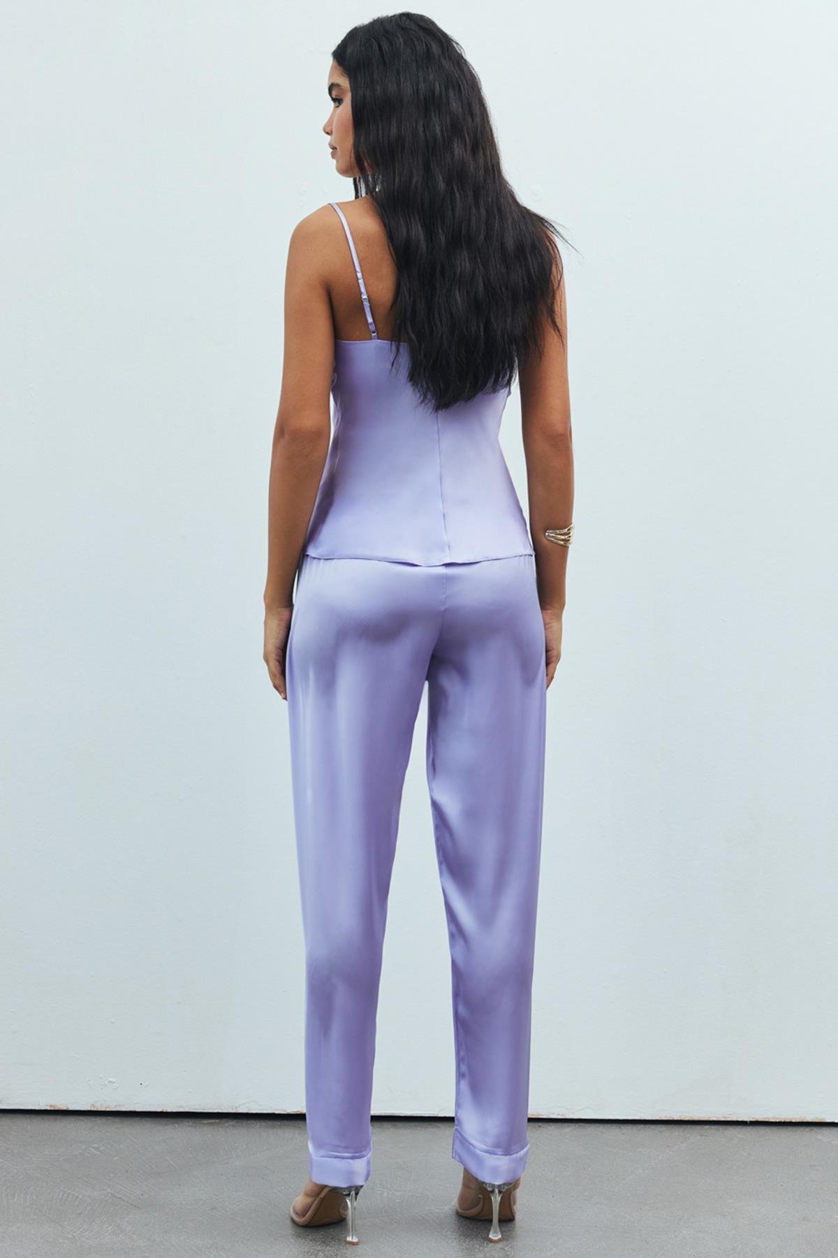 Brûleur Satin Lilac Degaje Collar Strap Long Pajama Set