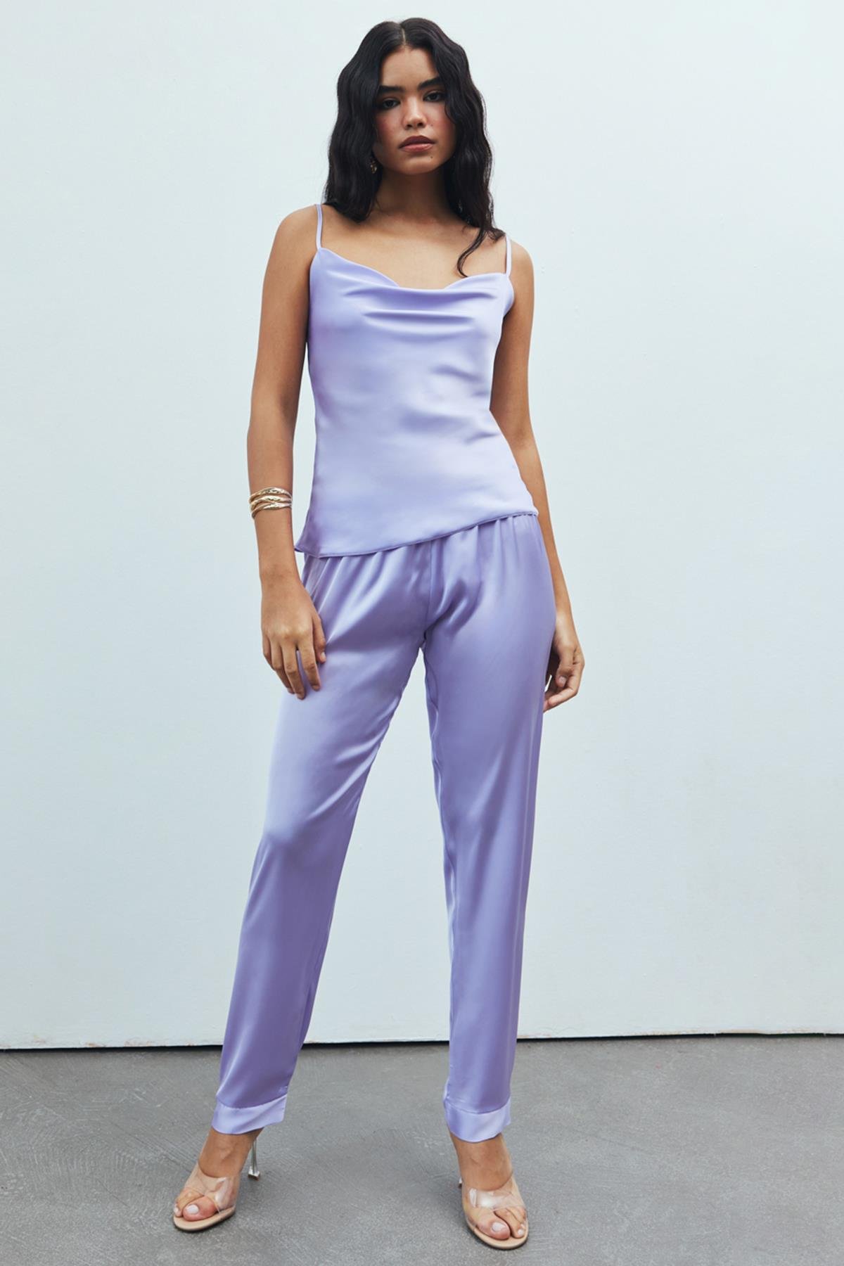 Brûleur Satin Lilac Degaje Collar Strap Long Pajama Set