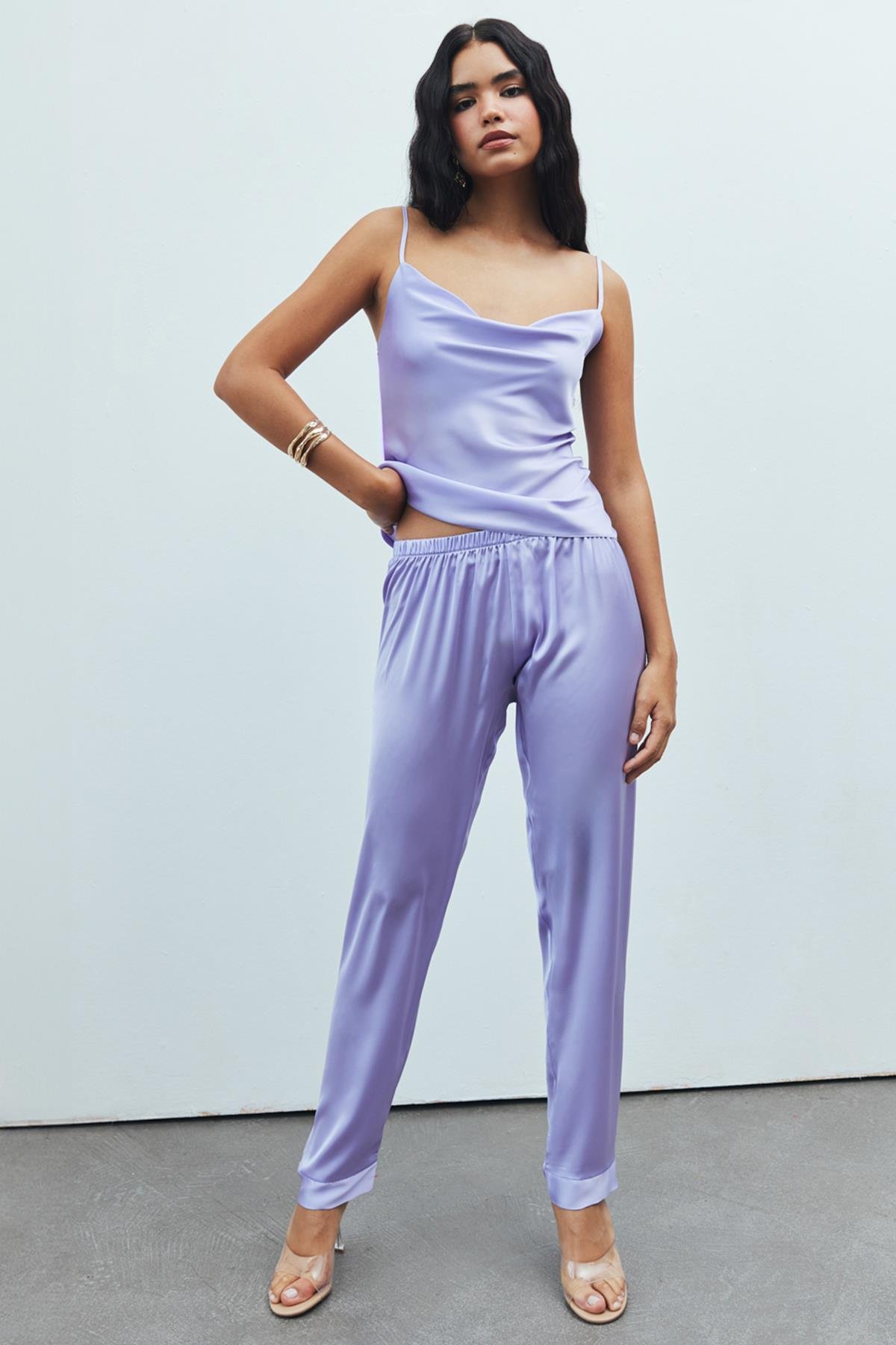 Brûleur Satin Lilac Degaje Collar Strap Long Pajama Set