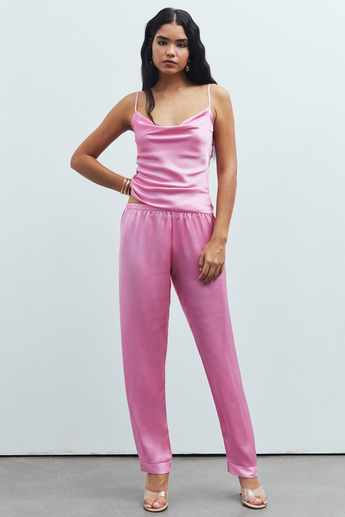 Brûleur Satin Candy Pink Degaje Collar Strap Long Pajama Set