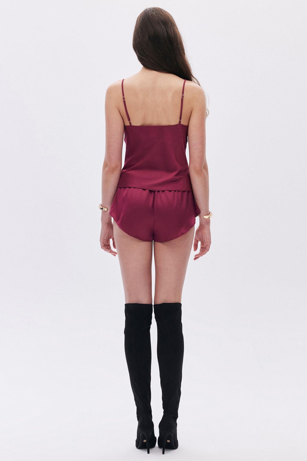 Cache Satin Bordeaux Scoop Neck Strappy Short Pijama Set