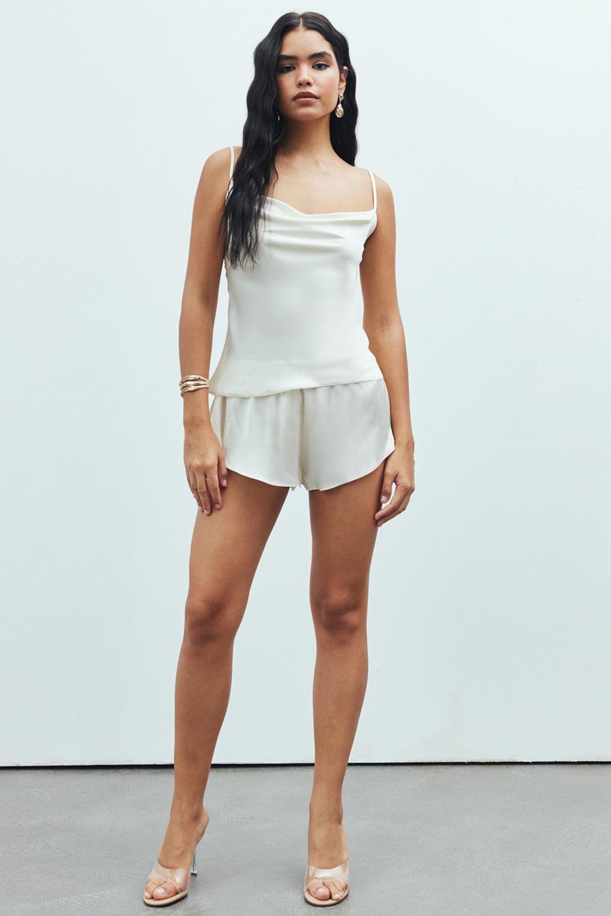 Caché Satin Ecru Degaje Collar Strap Short Pajama Set