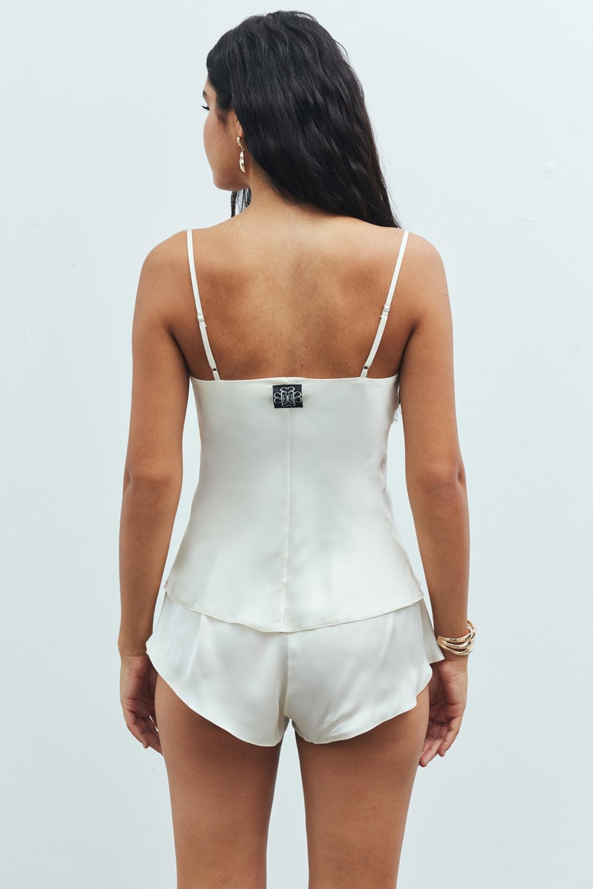 Caché Satin Ecru Degaje Collar Strap Short Pajama Set