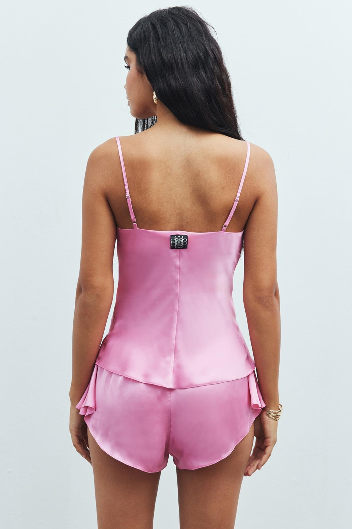 Caché Satin Candy Pink Degaje Collar Strap Short Pajama Set