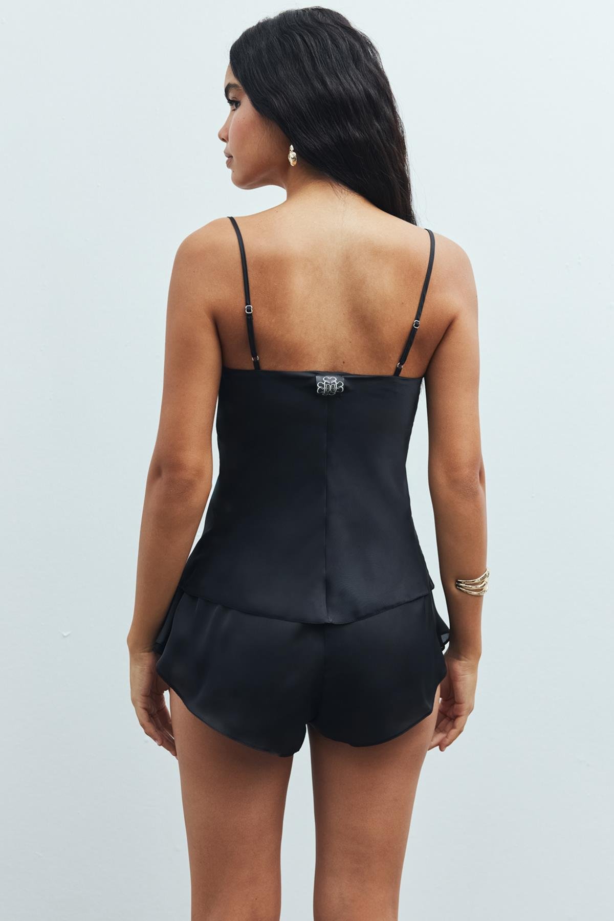 Caché Satin Black Degaje Collar Strap Short Pajama Set