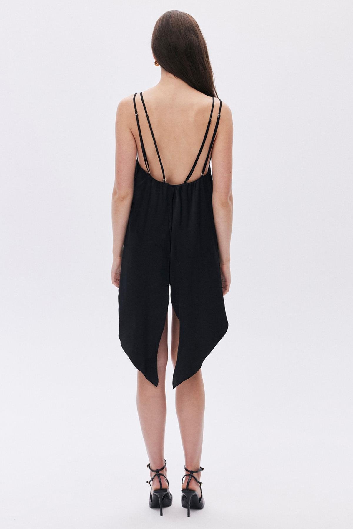 Calla Lily Siyah Dantel Detaylı Saten Tulum