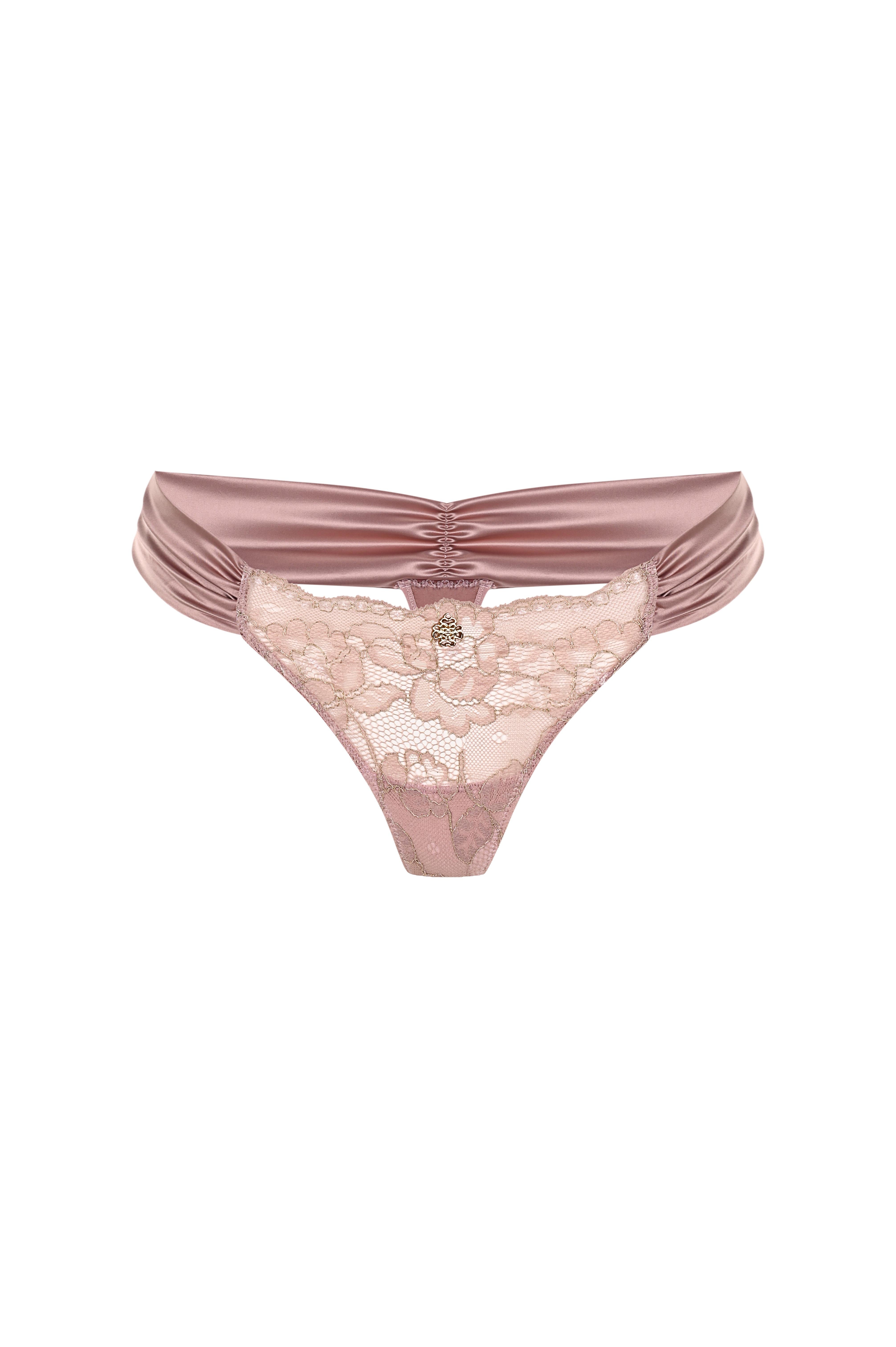 Camile Gül Kurusu Saten Büzgülü Dantelli Tanga