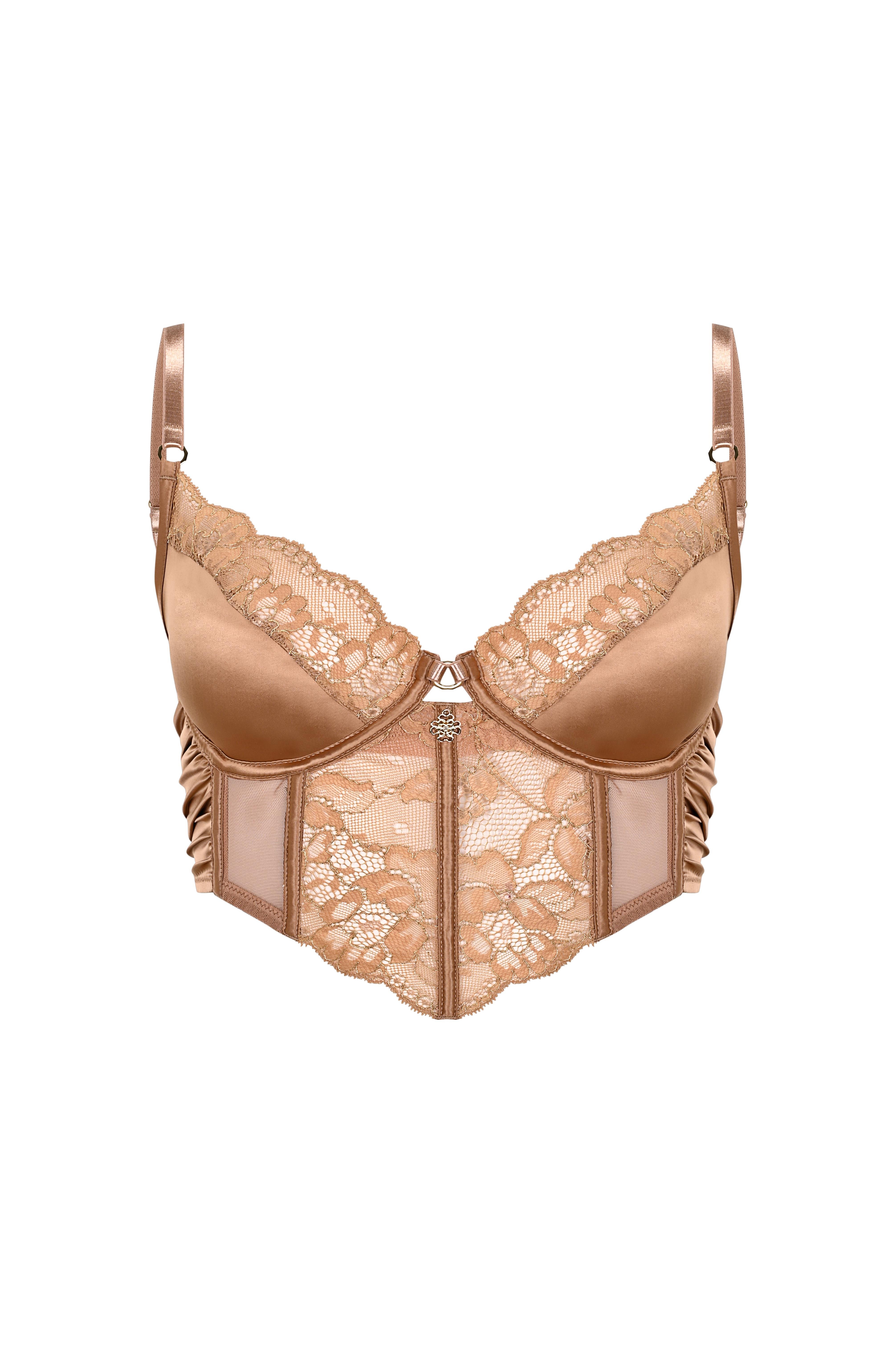 Camile Kahve Saten Dantelli Korseli Sütyen