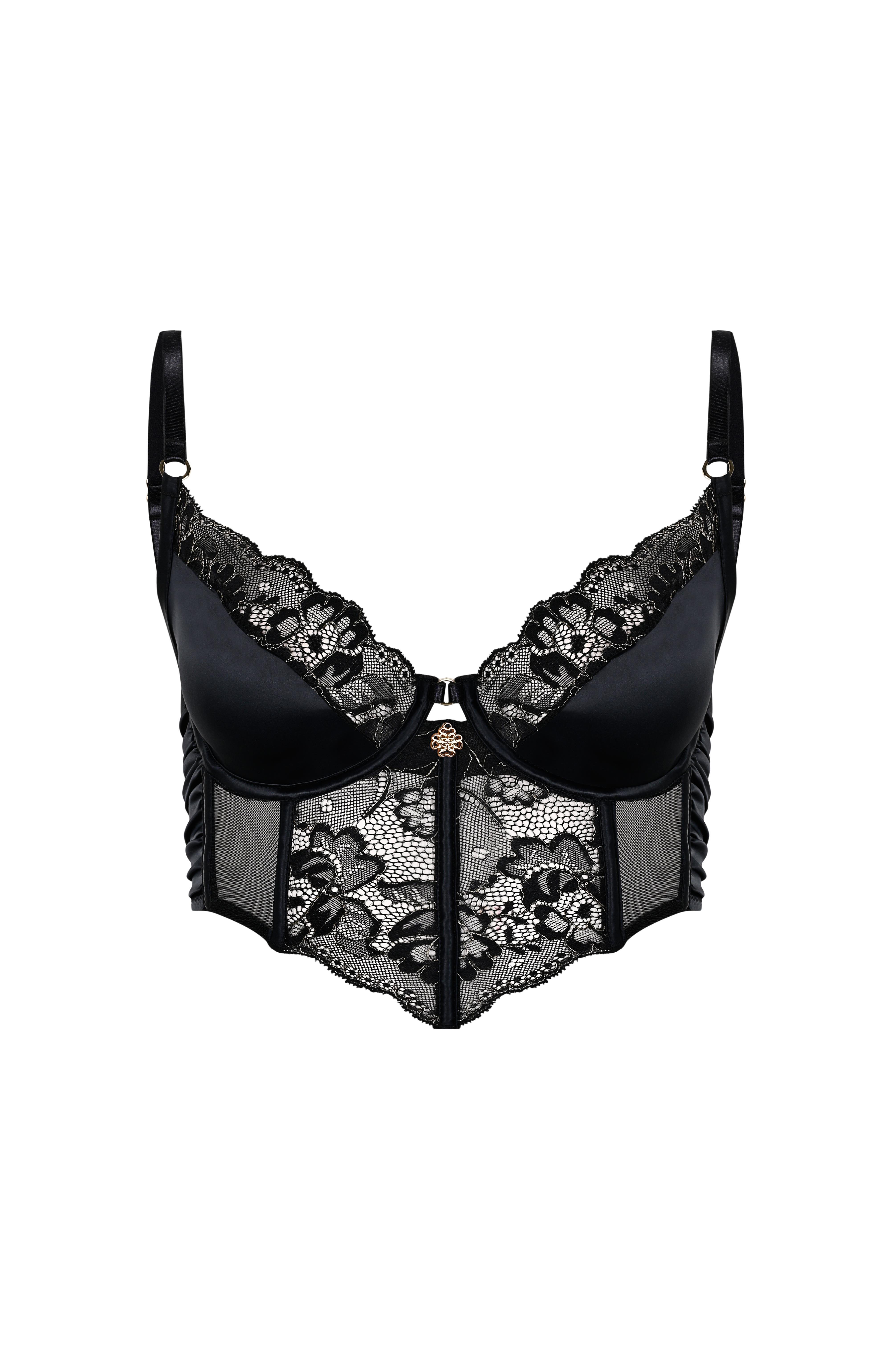 Camile Siyah Saten Dantelli Korseli Sütyen