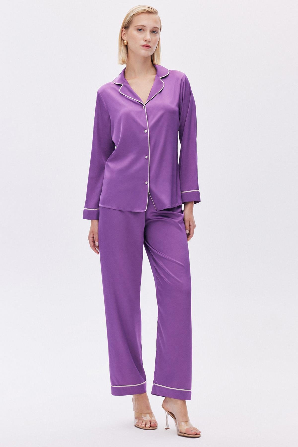 Amour Saten Eflatun Uzun Pijama Takımı