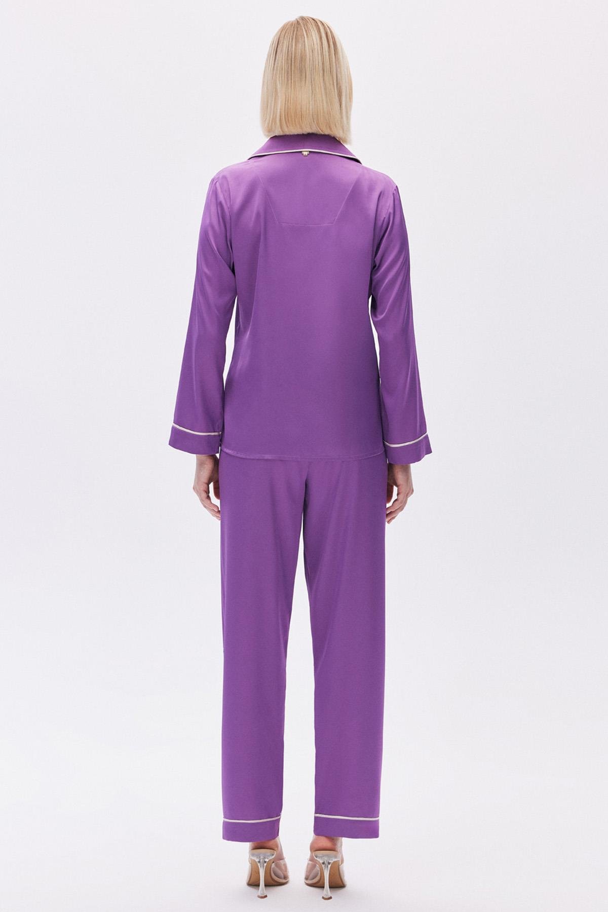 Amour Saten Eflatun Uzun Pijama Takımı