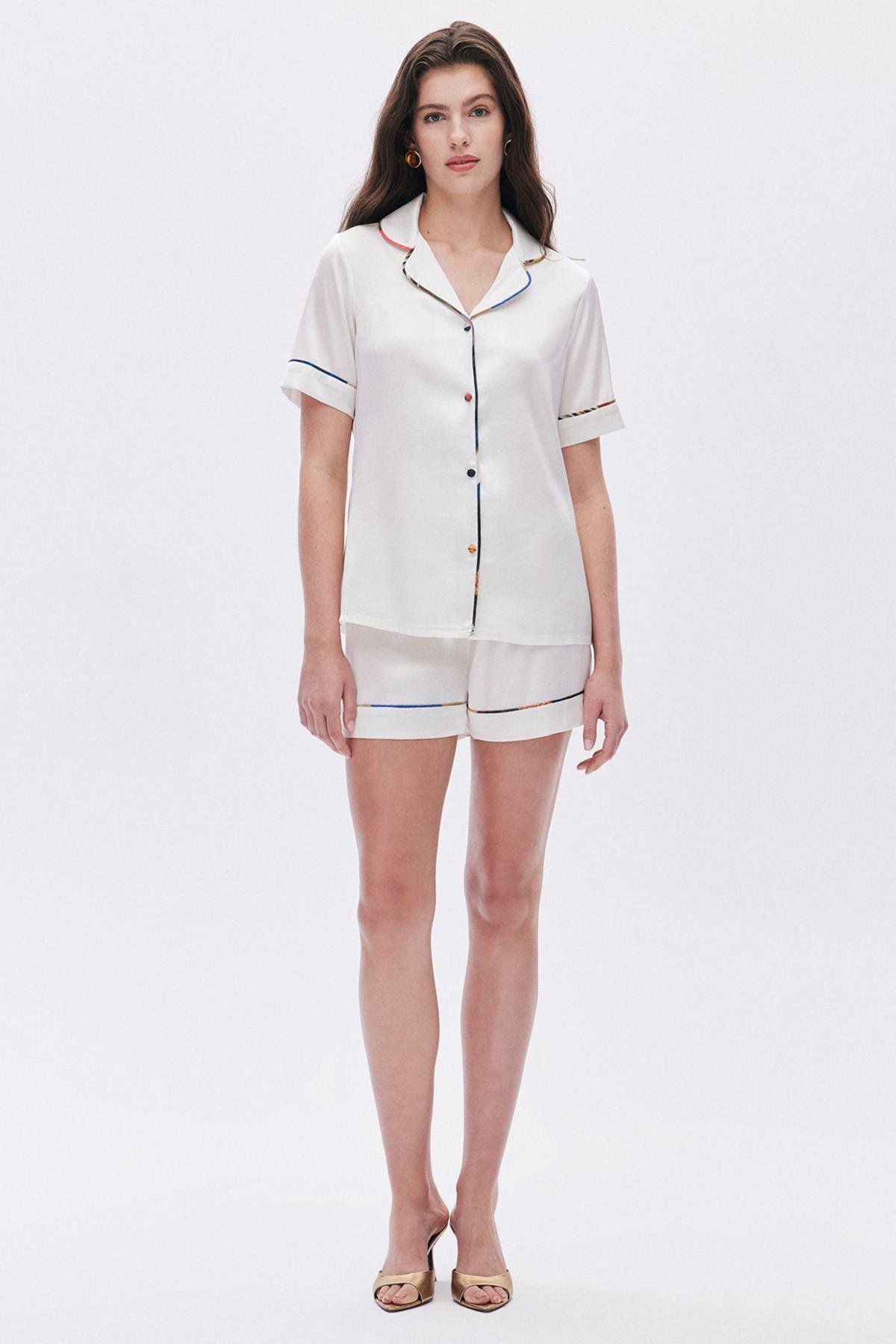 Amoureux Saten Ekru Kısa Pijama Takımı