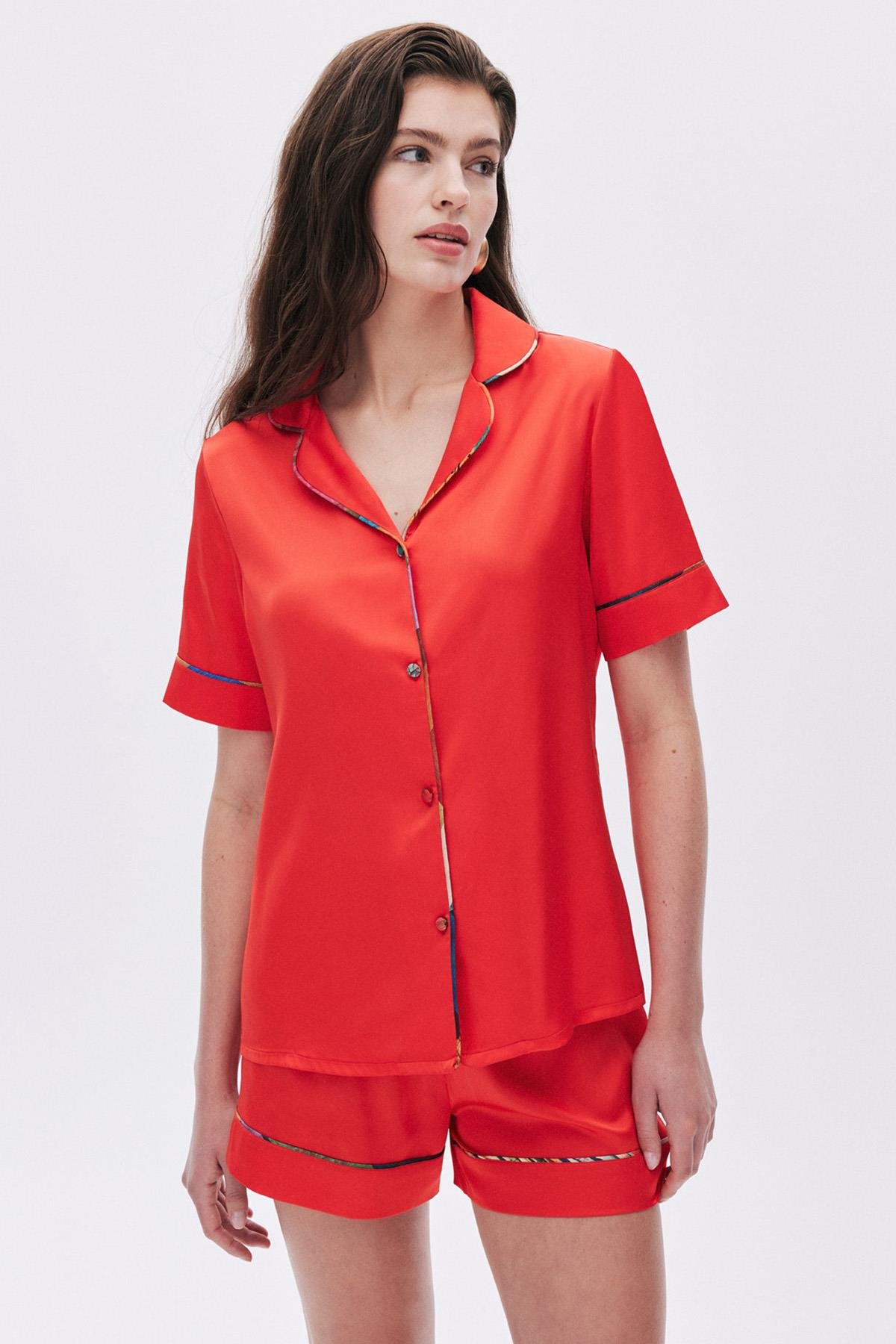 Amoureux Saten Kiremit Kısa Pijama Takımı