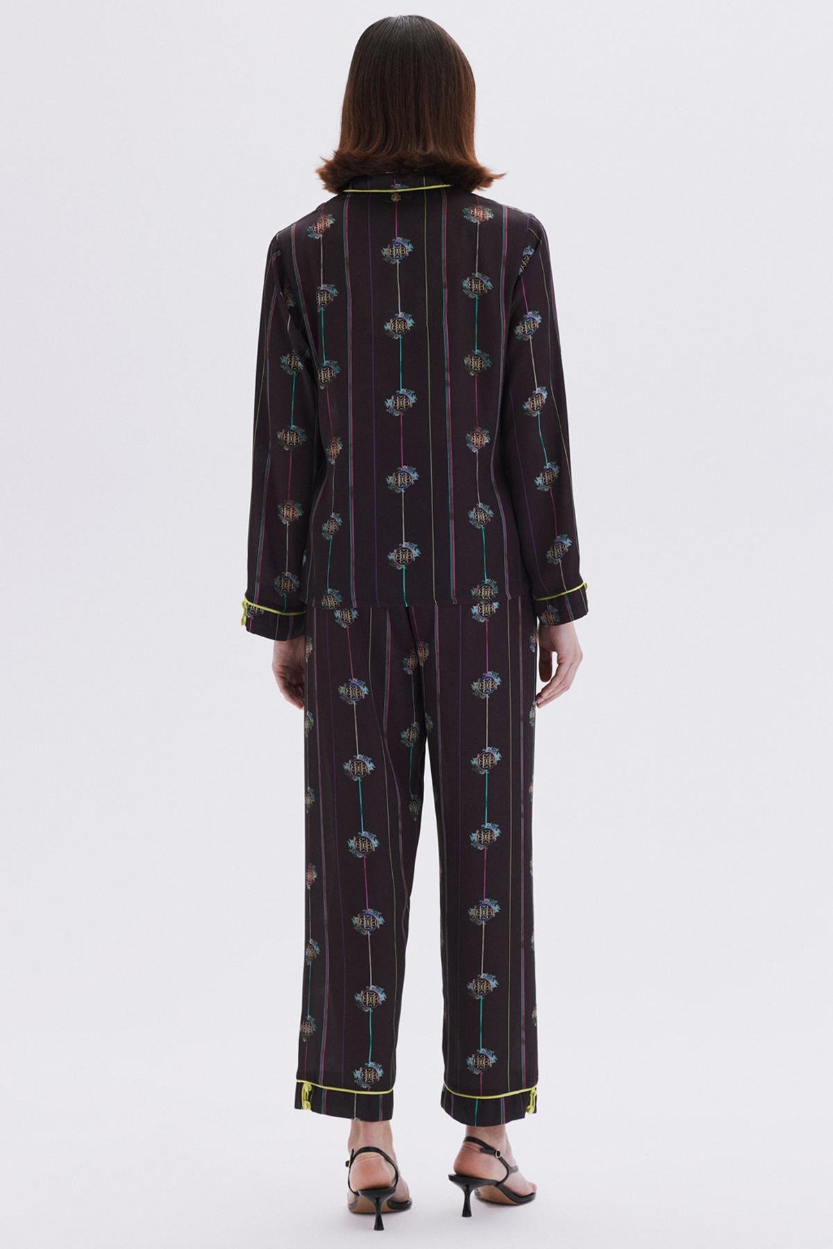 Elucious Desenli Uzun Saten Pijama Takımı