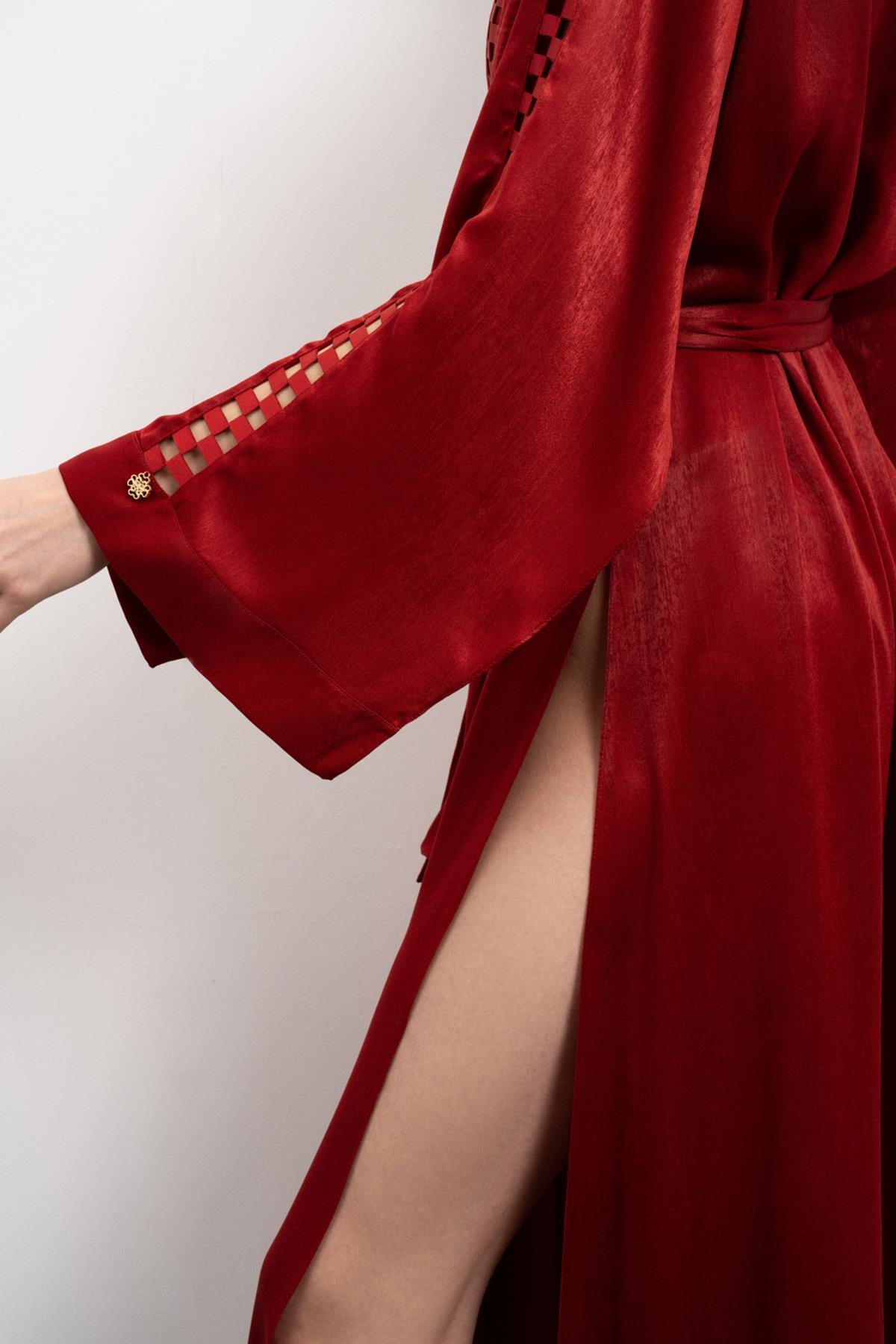 Frank Grogren Detaylı Bordo Saten Sabahlık / Kimono