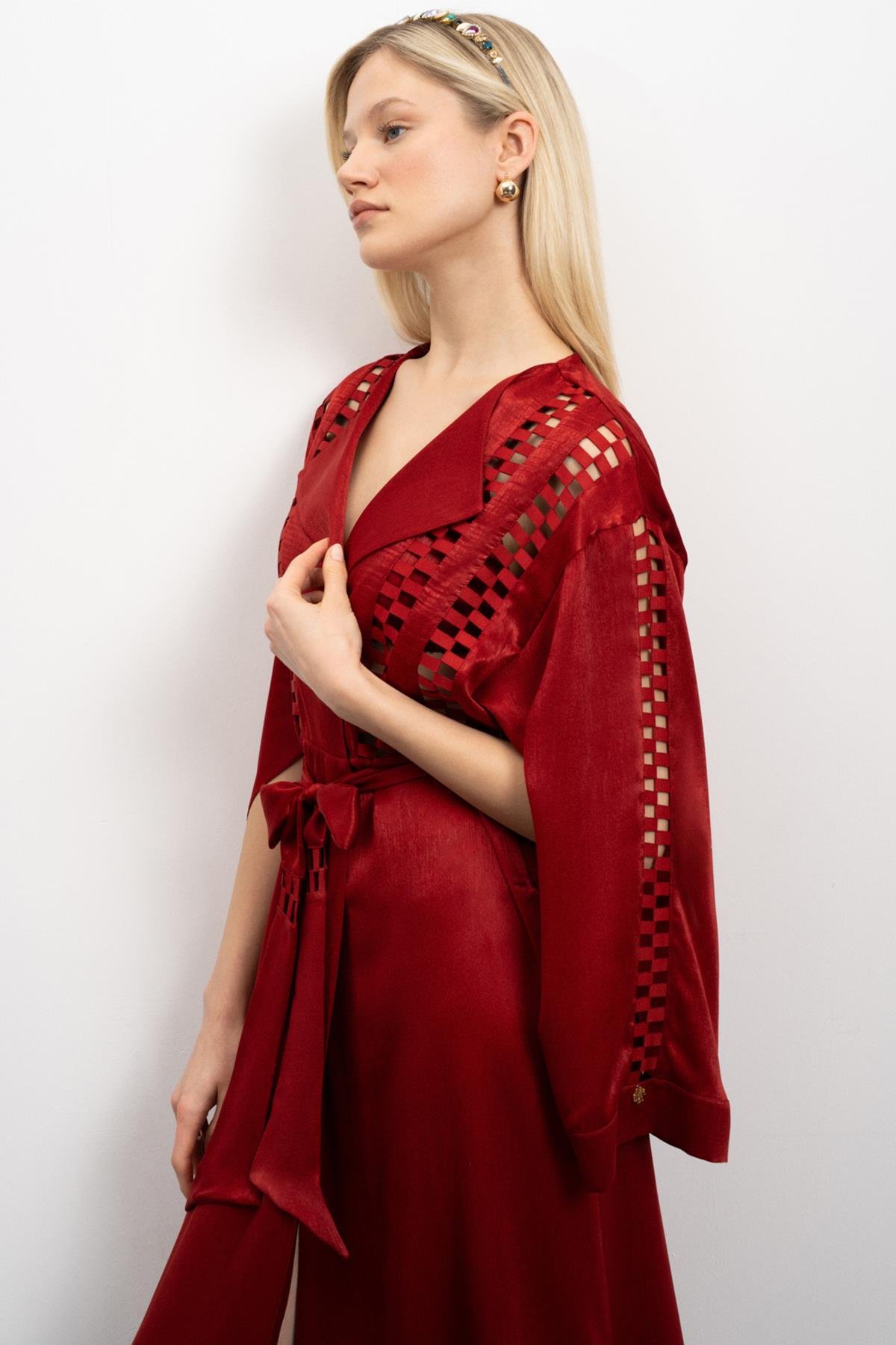 Frank Grogren Detaylı Bordo Saten Sabahlık / Kimono