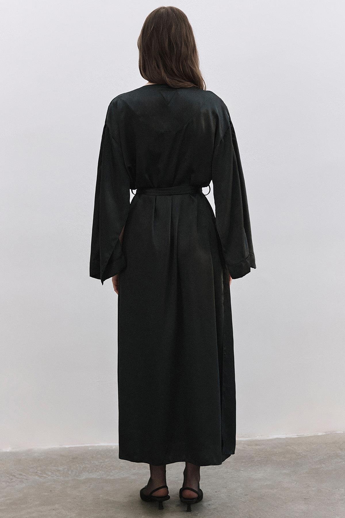 Frank Grogren Detailed Satin Black Morning Gown / Kimono