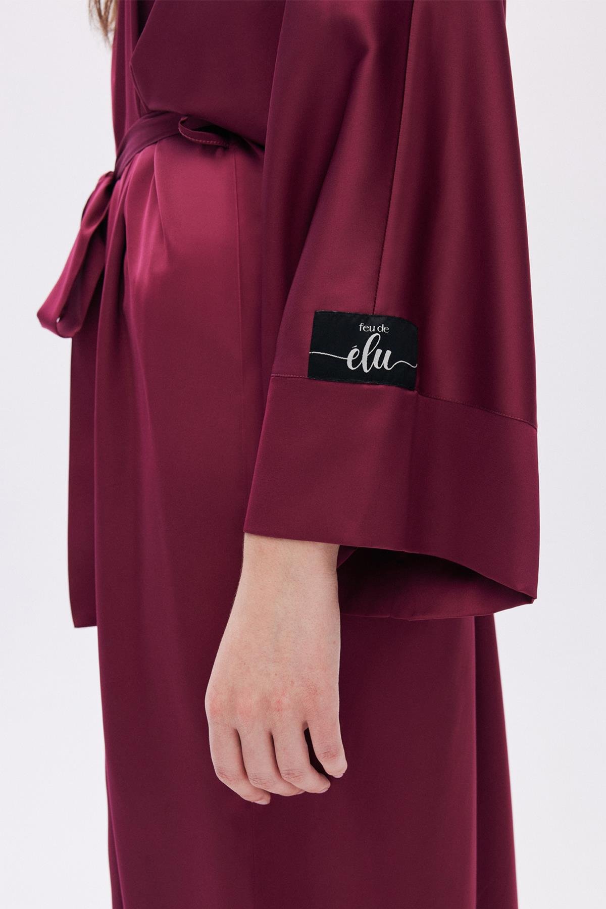 Frappant Bordo Uzun Saten Sabahlık / Kimono
