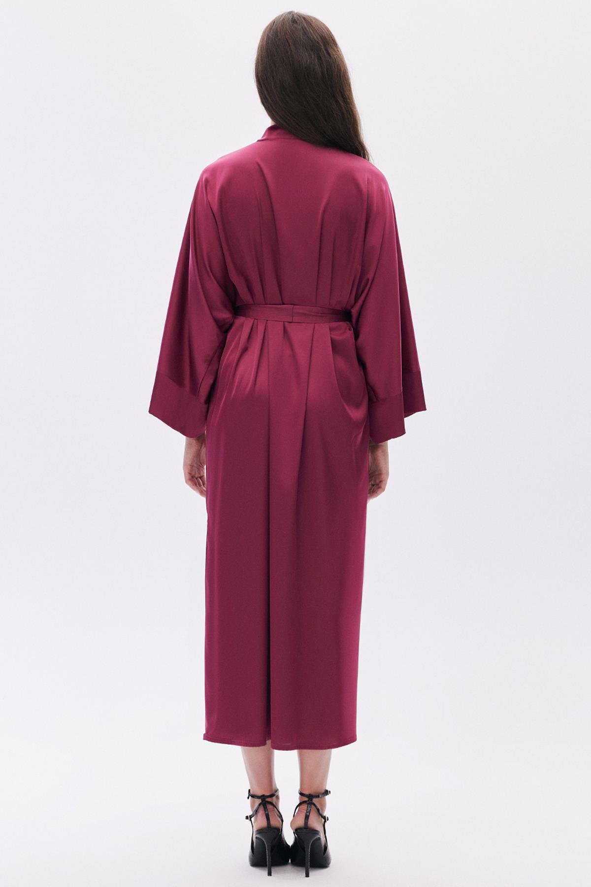 Frappant Bordo Uzun Saten Sabahlık / Kimono