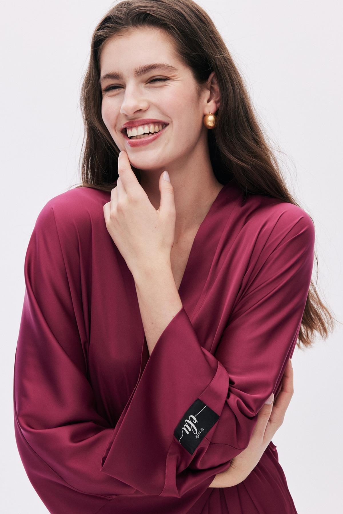 Frappant Bordo Uzun Saten Sabahlık / Kimono