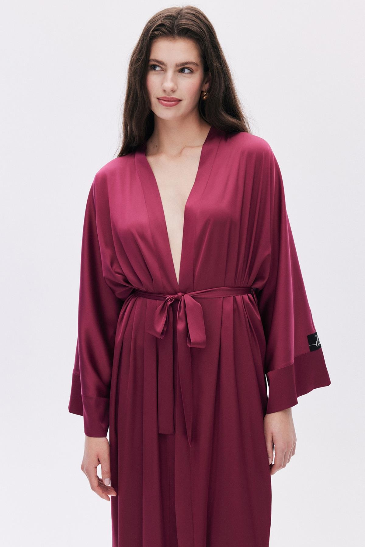 Frappant Bordo Uzun Saten Sabahlık / Kimono