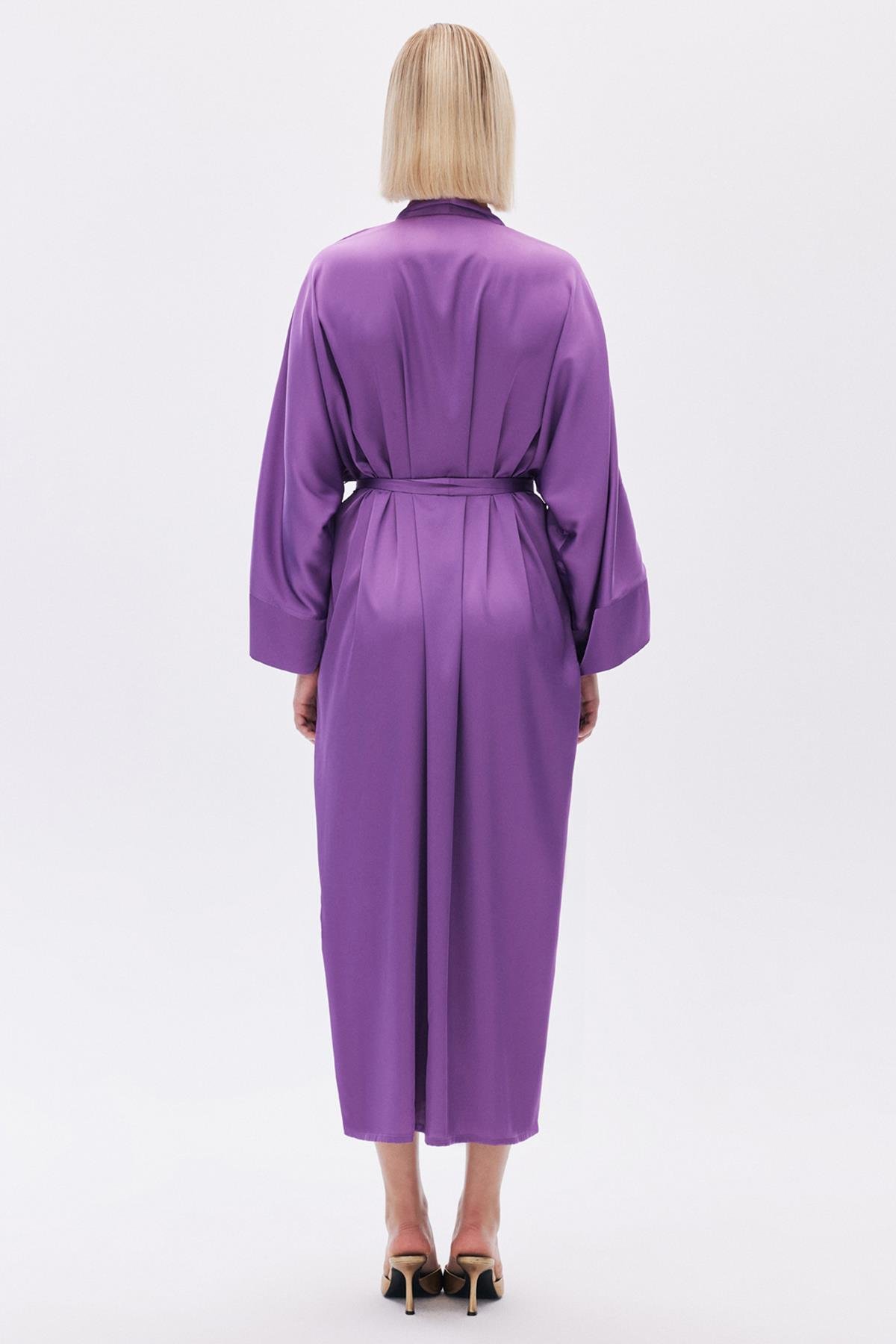 Frappant Eflatun Uzun Saten Sabahlık / Kimono