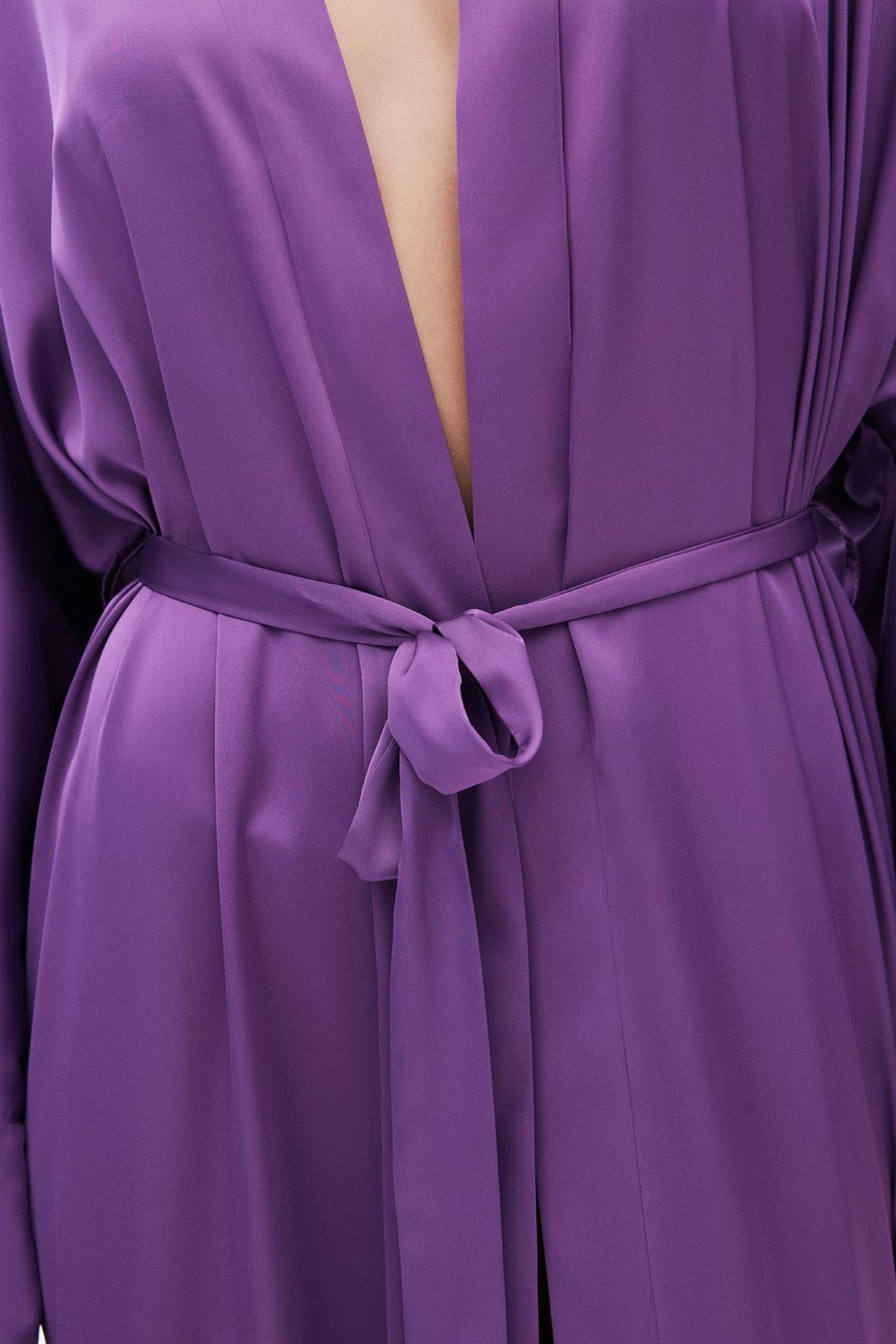 Frappant Eflatun Uzun Saten Sabahlık / Kimono