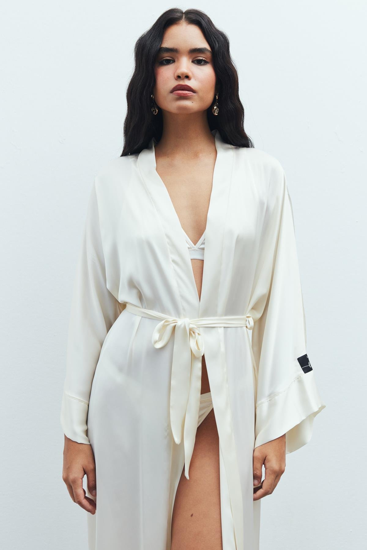 Frappant Ekru Uzun Saten Sabahlık / Kimono