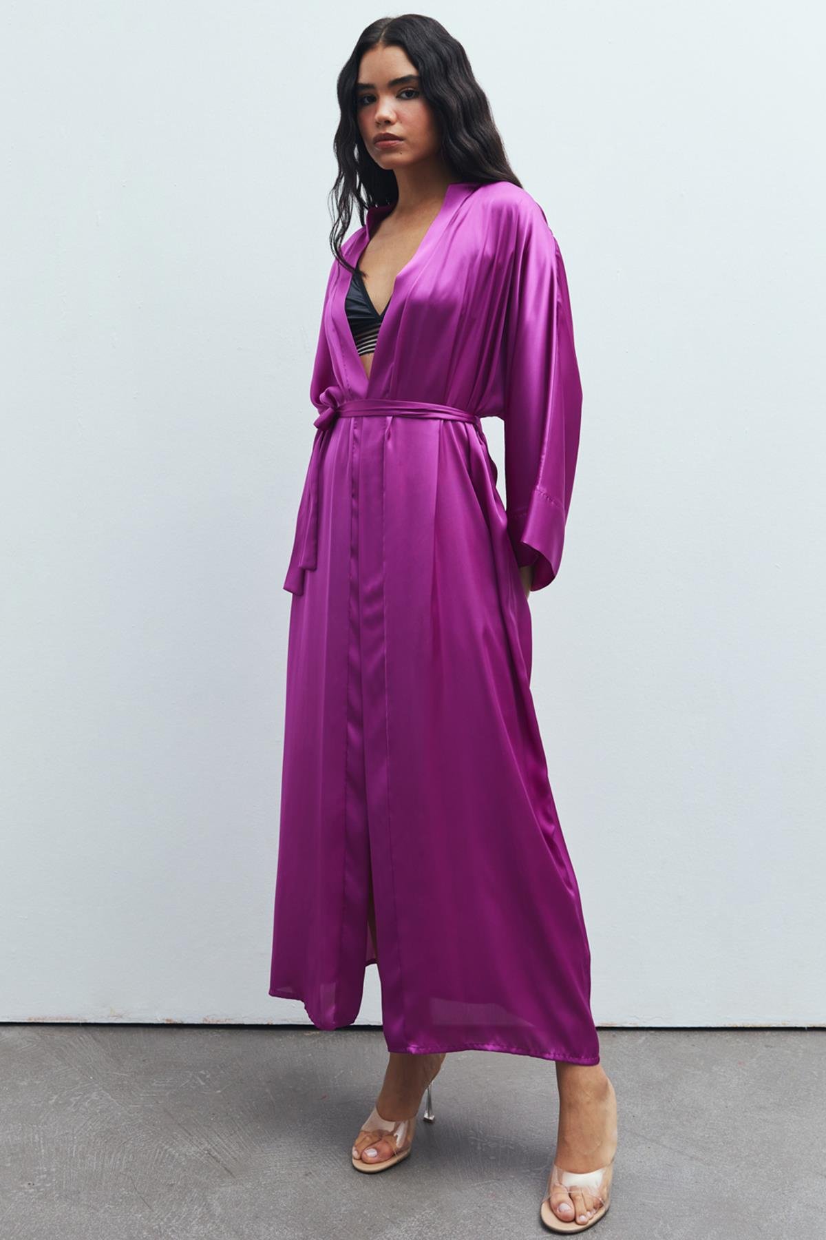 Frappant Fuşya Uzun Saten Sabahlık / Kimono