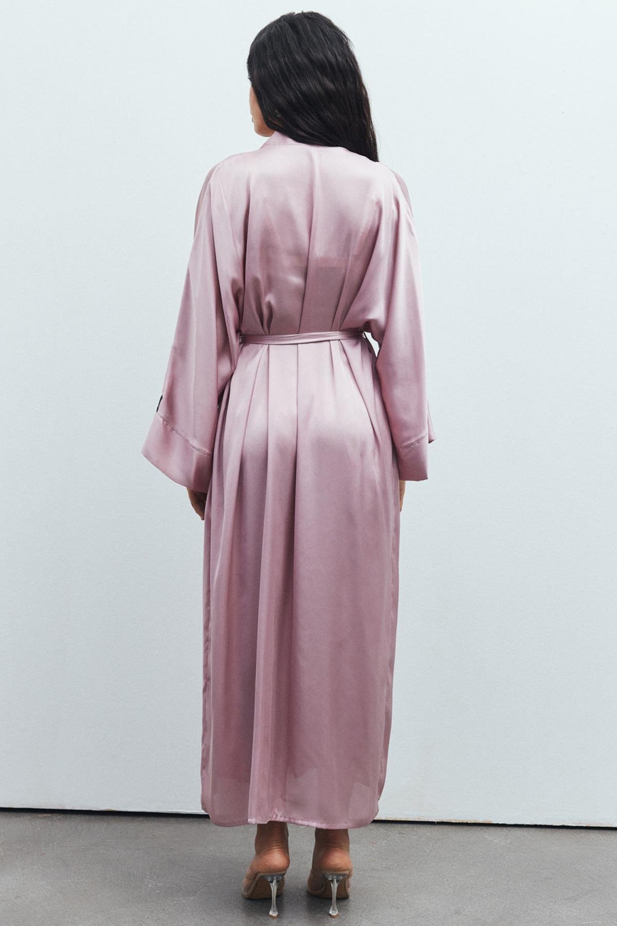 Frappant Gül Kurusu Uzun Saten Sabahlık / Kimono