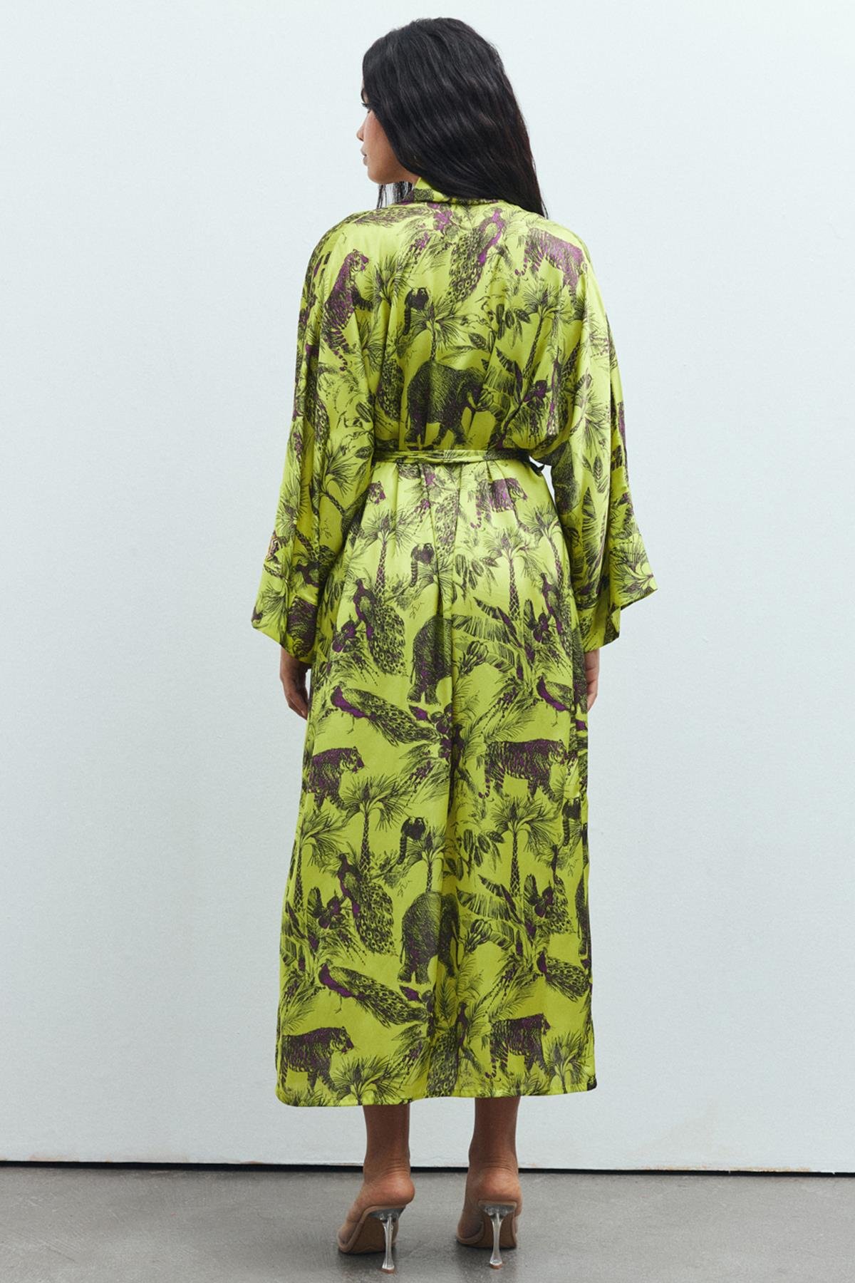 Frappant Jardin Desenli Uzun Saten Sabahlık / Kimono