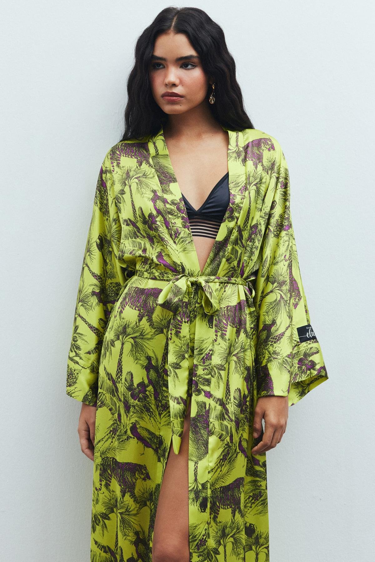 Frappant Jardin Desenli Uzun Saten Sabahlık / Kimono